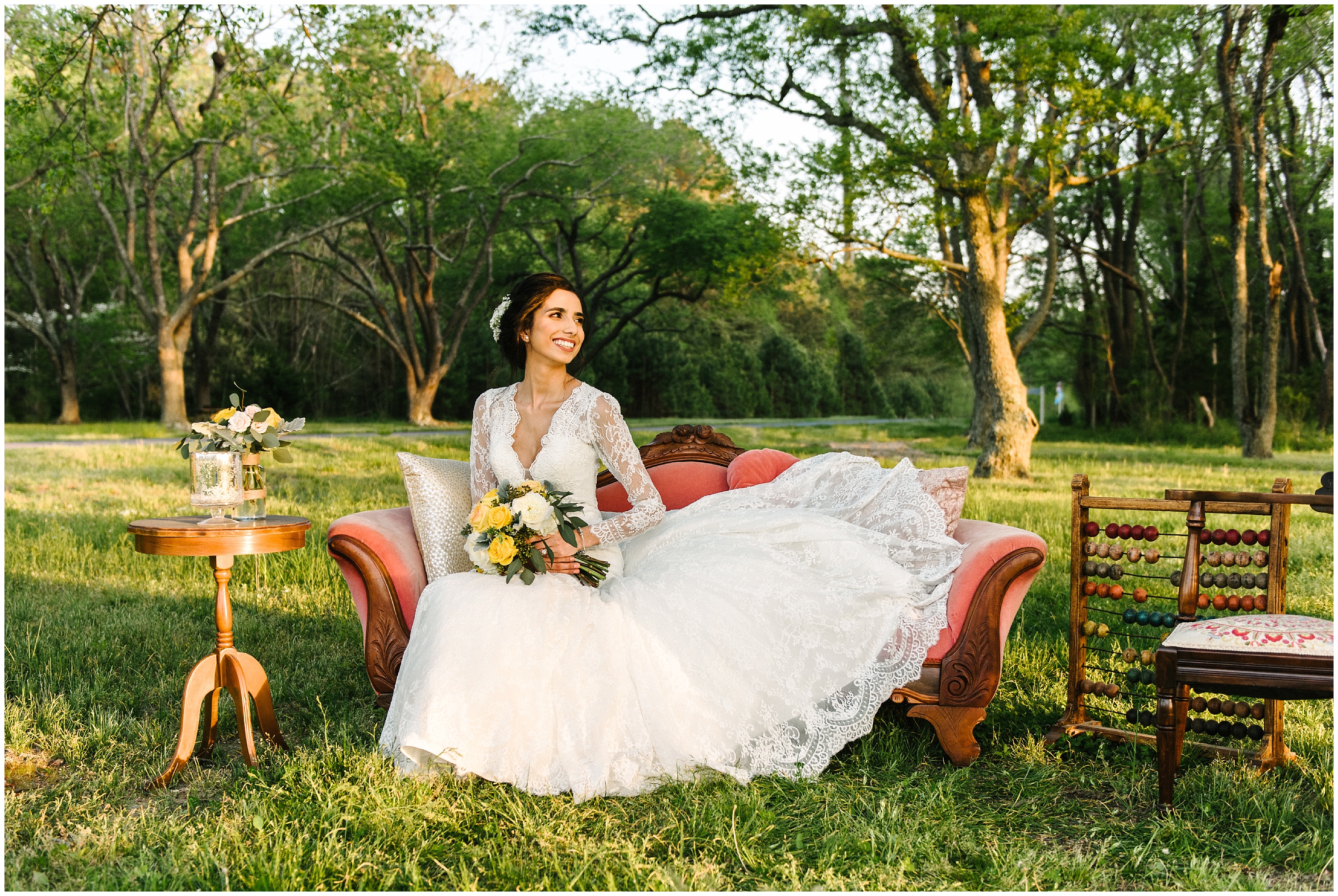 Bride sitting in a vintage chair at Holts Landing State Park