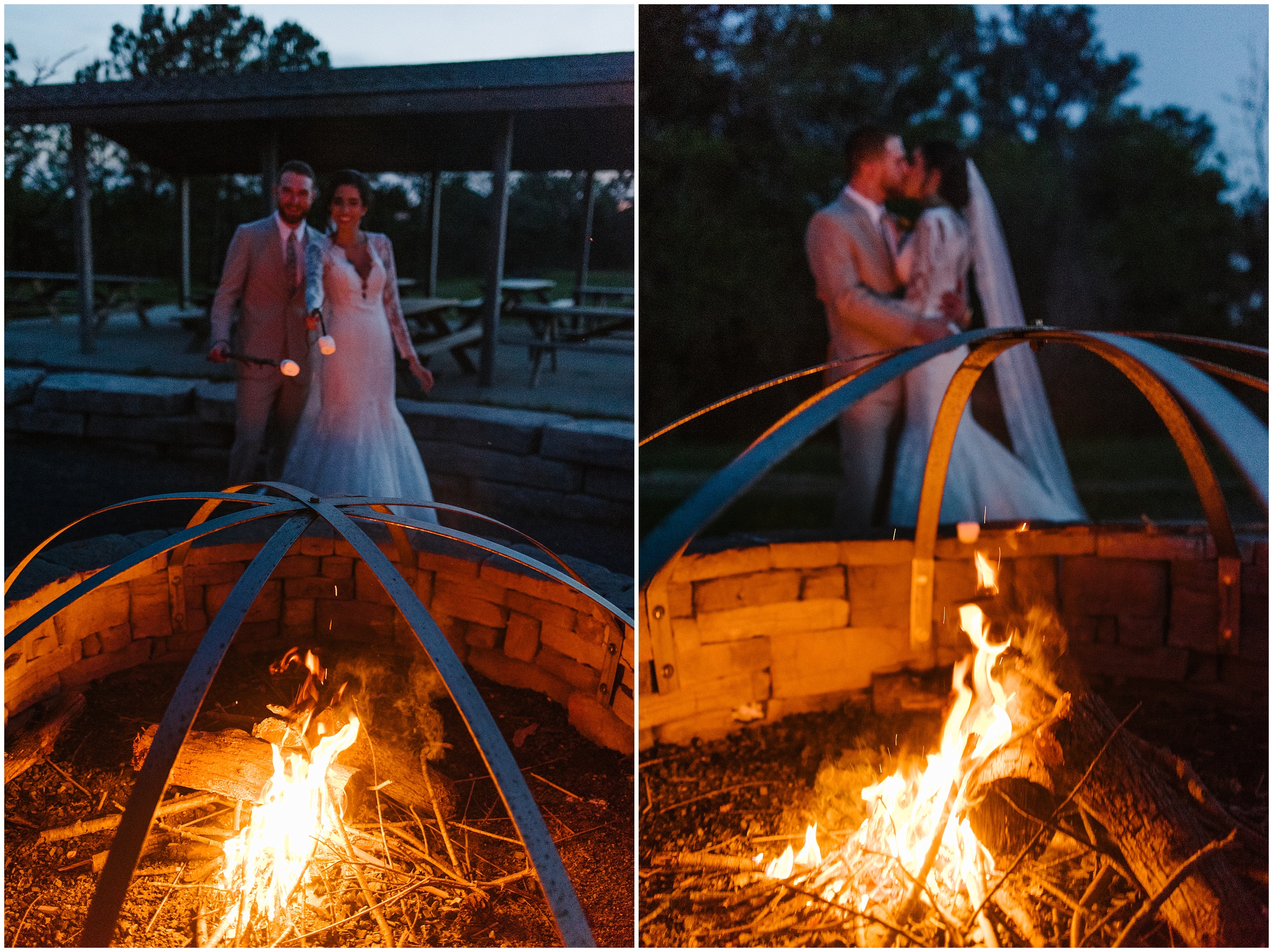 Wedding couple at Holts Landing State Park roasting marshmallows