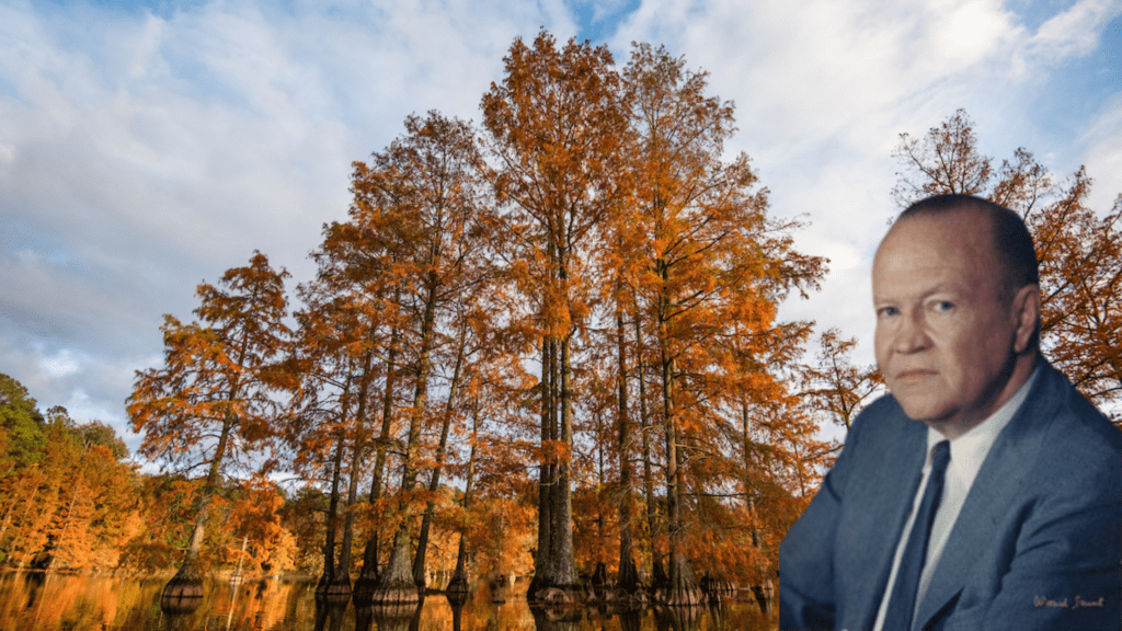 A portrait of Ted Harvey superimposed on a landscape shot of Trap Pond State Park's iconic baldcypress trees emerging from the pond, colored orange in late fall.