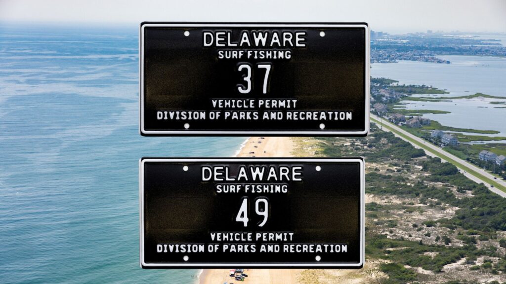 Close up image of 2 Low Digit Surf Fishing Tags depicting numbers '37' and '49' overlayed on a photo of Delaware Seashore State Park.