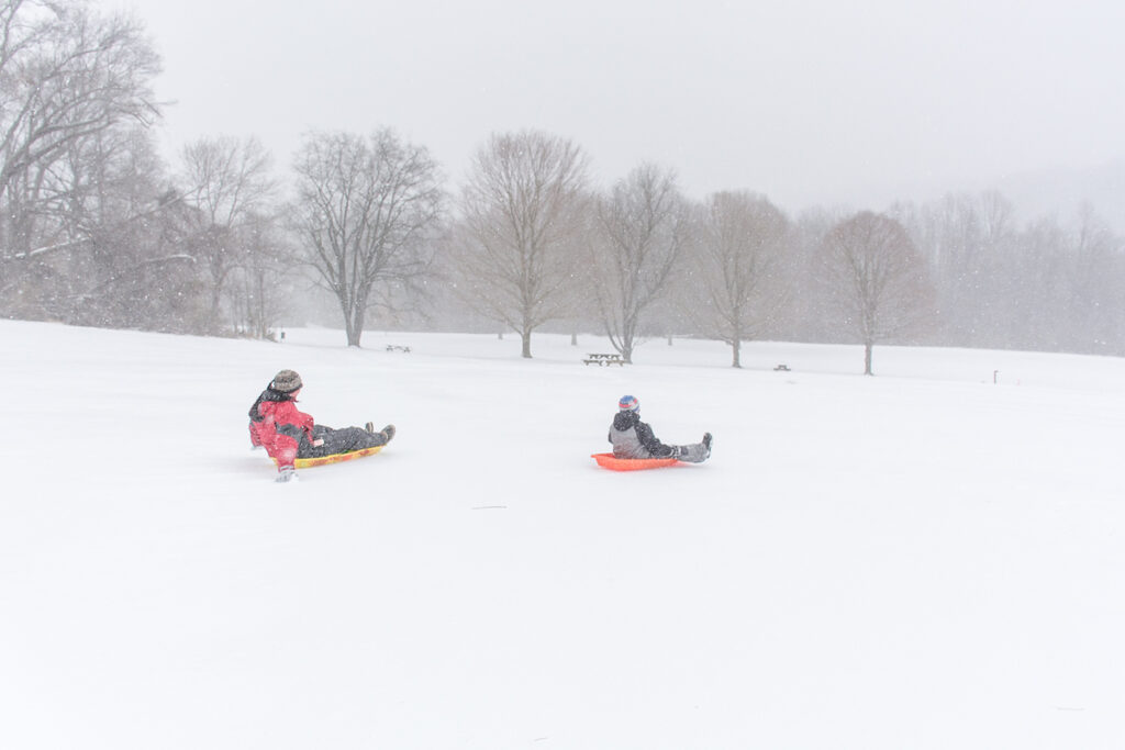 Two children sledding down a snowy hill with bare trees in the background.